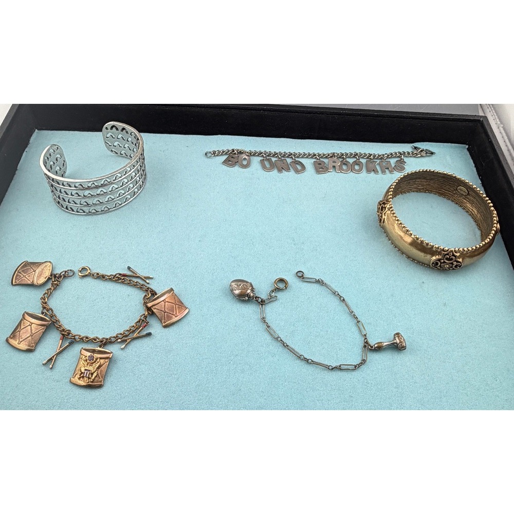 Vintage Bracelet Lot Drum Charm Cuff Paper Clip Perfume Bottle High School